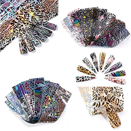Leopard Nail Foil Transfer for Women 20 Sheets Holographic Nail Art Foil Mixed Laser with Transparent Leopard Stickers DIY Nail Art Designs Manicure Decoration