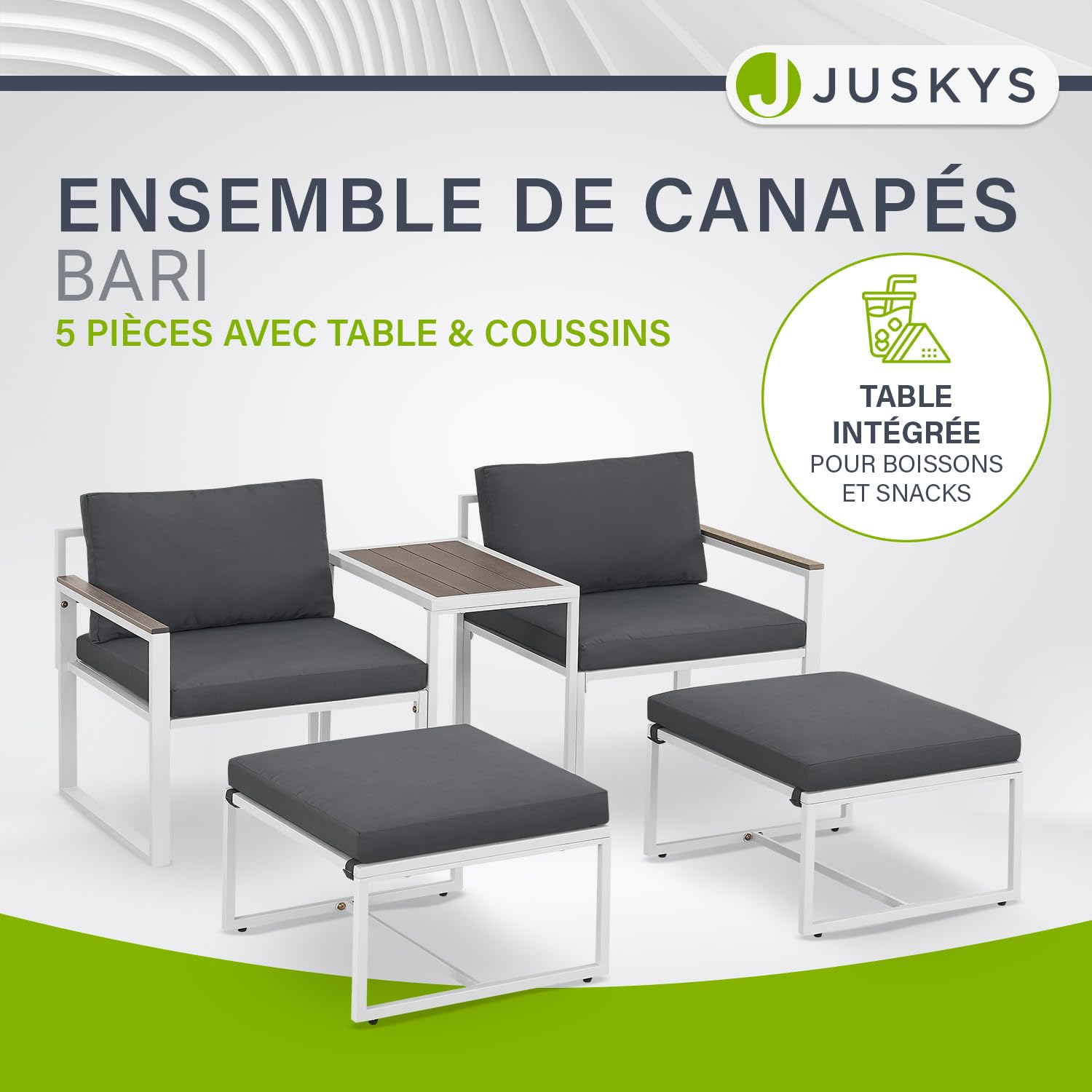 Juskys Salon de Jardin 5 pièces Bari avec Table & Coussins - Coin Lounge d'extérieur en métal - Petit mobilier de Balcon - Meubles Outdoor pour Balcon et Jardin - Gris