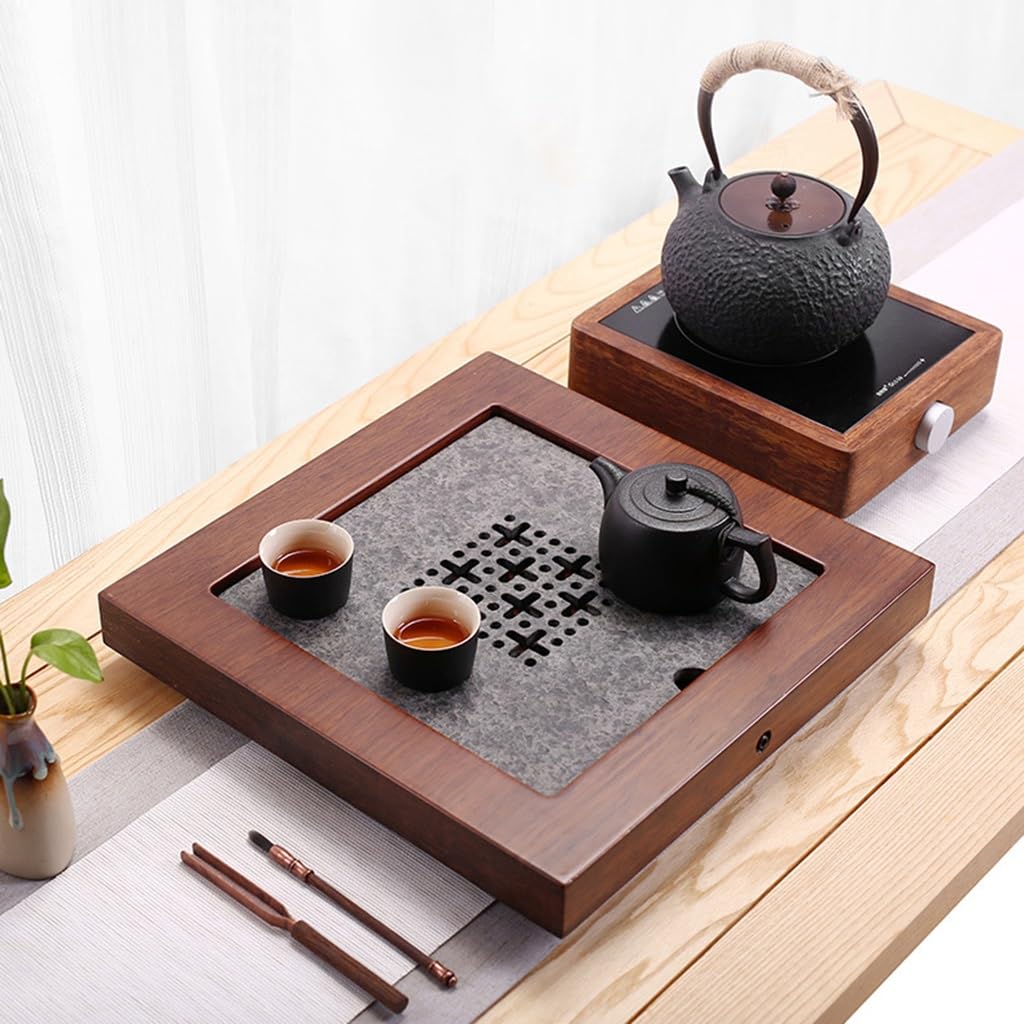 Plateau à thé japonais, plateau à thé Kungfu, Plateau à thé en pierre noire naturelle, plateau de service de style chinois traditionnel, plateau à thé avec stockage d'eau, service à thé Kung Fu