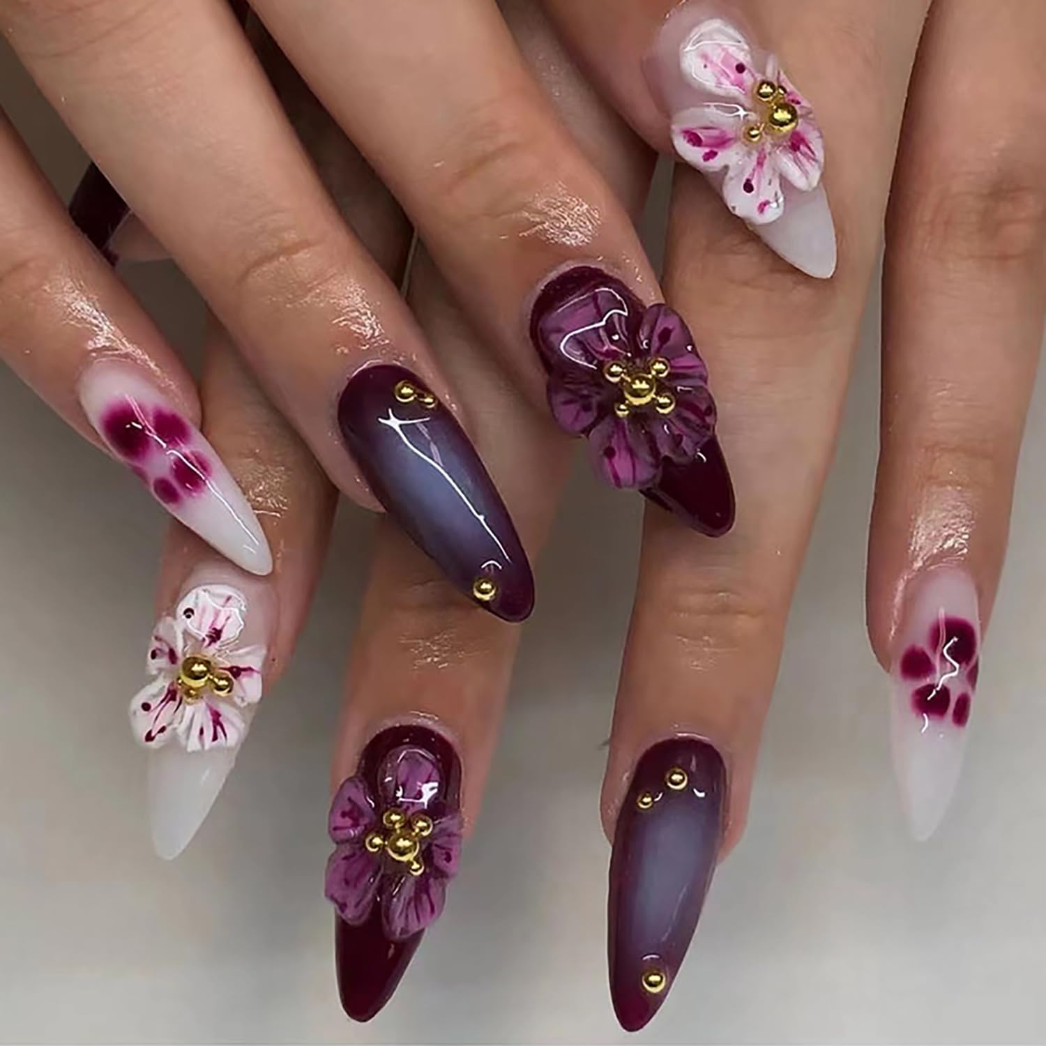 TBRZTR Almond Shaped Press on Nails Medium 3D Peach Blossom Rhinestones Design False Nail Full Cover Flower Coffin Fingernails Artificial Acrylic Nail