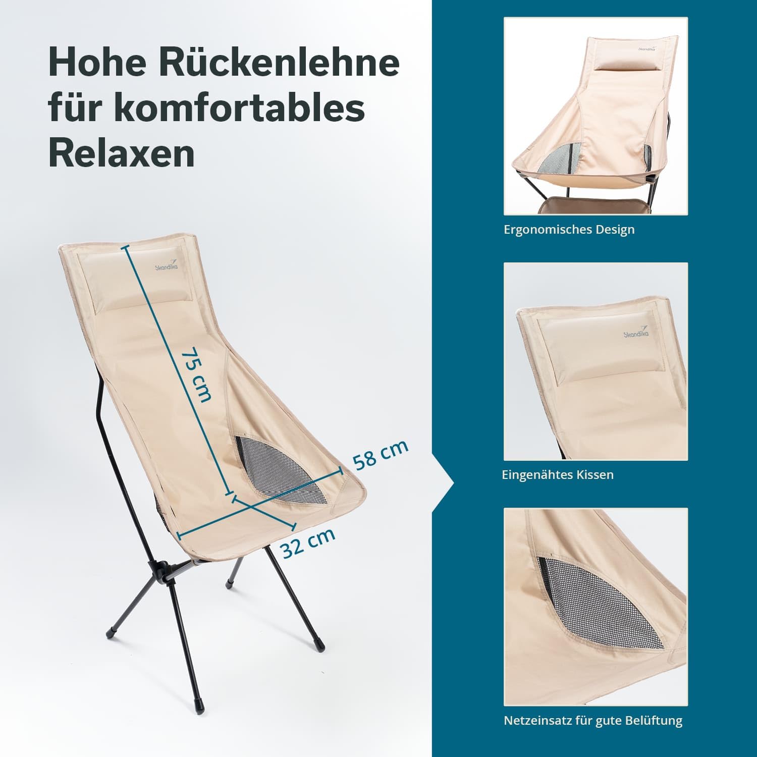 Skandika Campingstuhl Solig | Klappstuhl faltbar, bis 120 kg belastbar, Stahlrahmen, Rückenlehne gepolstert, Mesh-Einsätze | Campingstühle, Klappstühle, Stuhl für Camping, Outdoor, Balkon (Beige)