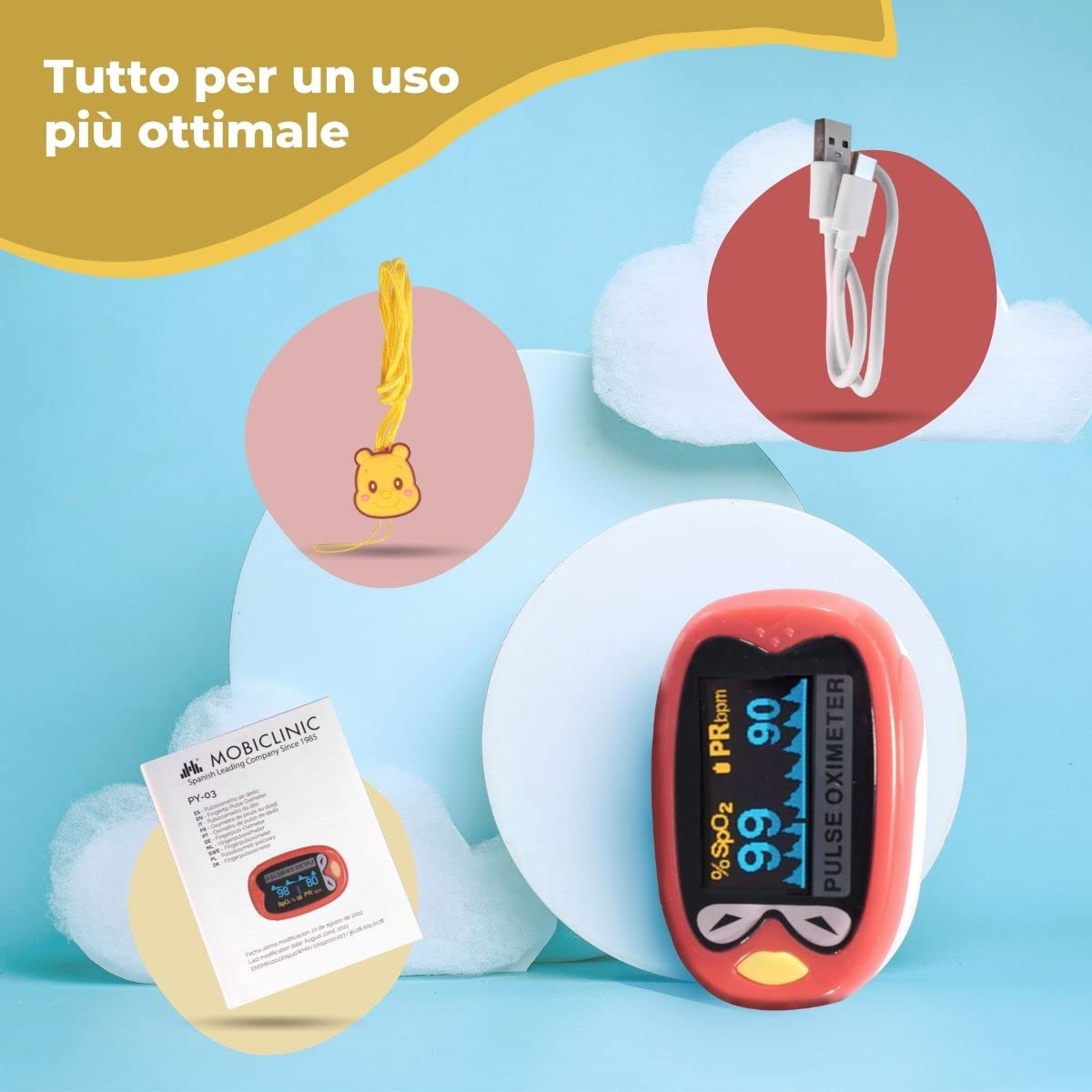 Mobiclinic ®, Saturimetro pediatrico, Py03, Pulsossimetro da dito per bambini, Affidabile e accurato, Ossimetro professionale, Con caricatore usb, Forma di uccellino, Rosso