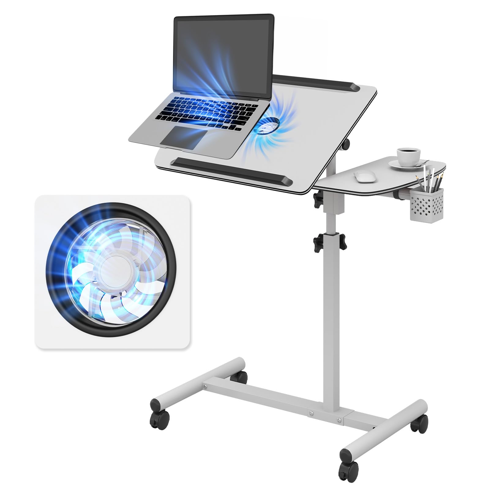 Bureau Debout à Roulettes Réglable - Table Ordinateur Portable Inclinable 180° Avec Chariot Pliable
