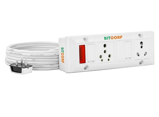 Bitcorp Extension Board 15A 16A 20A Muti Pin 2 Socket 2 Switch (2500W) with Surge Protector 2 Meter Long Cable Cord for Multiple Heavy Duty Home Kitchen Office Outdoor Indoor Appliances (White)