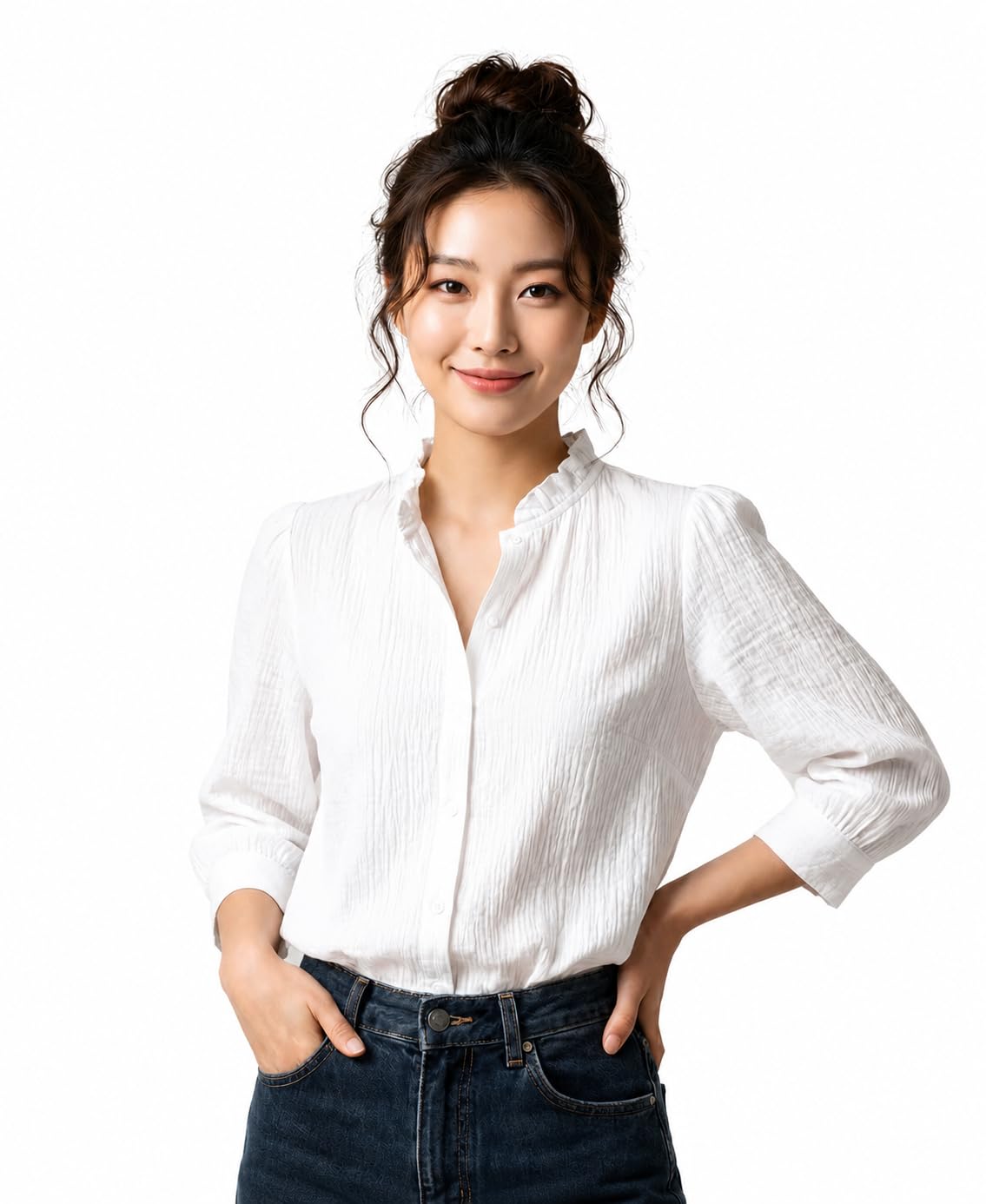 messica Women Brown Solid Cotton Blend Knitted Top | Ruffle Neck | 3/4 Sleeve | Regular Fit Casual Office Wear Top-picture-49