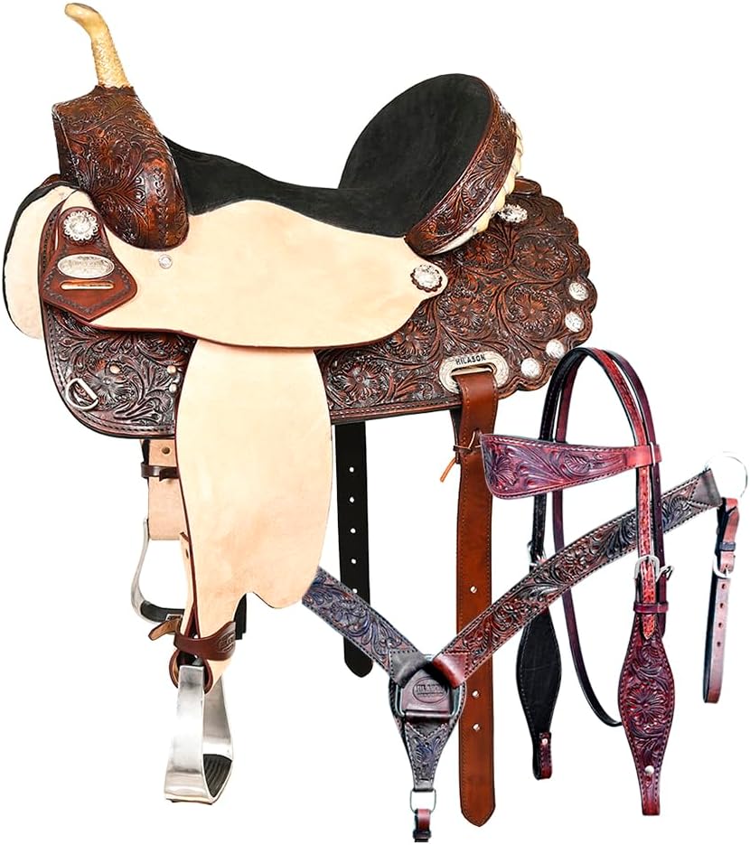 HILASON Western Genuine Leather Horse Saddle with Headstall & Breast Collar Tack Set