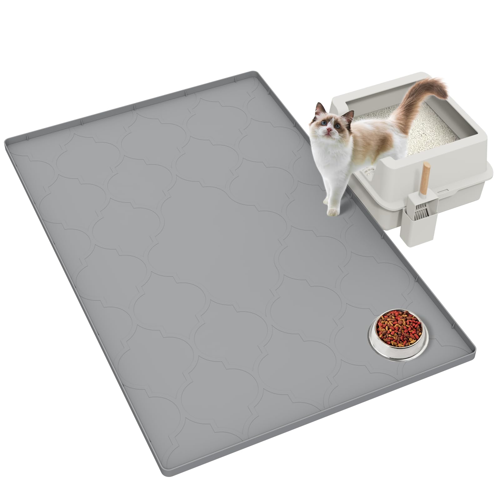 KIXCVDM Tappetino Lettiera Gatto in Silicone,Taglia Grande Tappeto Lettiera Gatti, Facile Da Pulire,Morbido Sulle Zampe Del Gatto,Impermeabile,Anti-Urina,Tappetino con Bordo (Argento L)