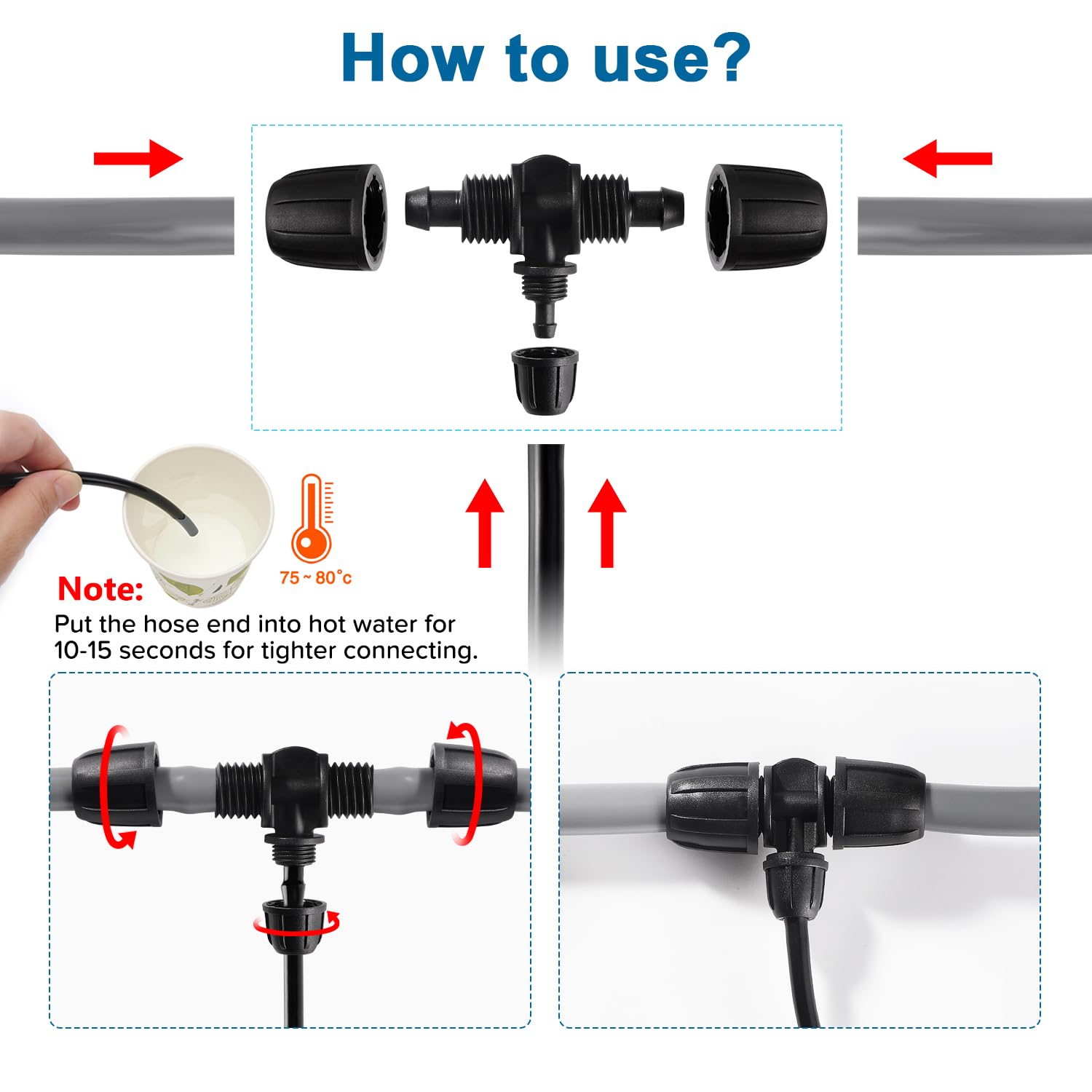 VooGenzek 10-Piece Barbed Tee Connector for Drip Irrigation 3-Way Anti-Drop 8/12 mm to 4/7 mm, Plastic - Image 4