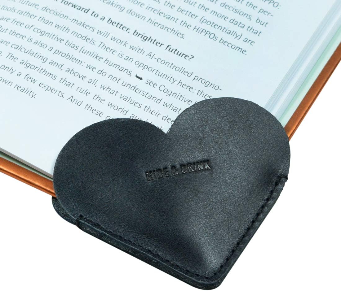 Hide & Drink, Leather Heart Bookmark (2 Pack), Bookworm, Book Lovers, Cute Accessories, Handmade Includes 101 Year Warranty :: Charcoal Black