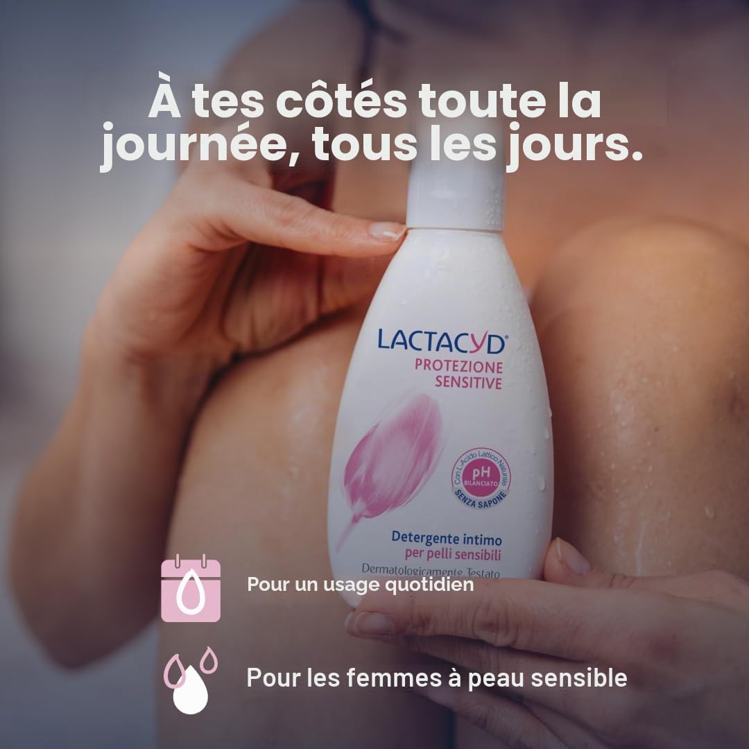 Lactacyd Sensitive Protection, nettoyant d'hygiène intime adapté aux peaux sensibles, avec de l'acide lactique biotechnologique et de l'extrait de coton, pack de 6 pièces (6 x 300 ml)