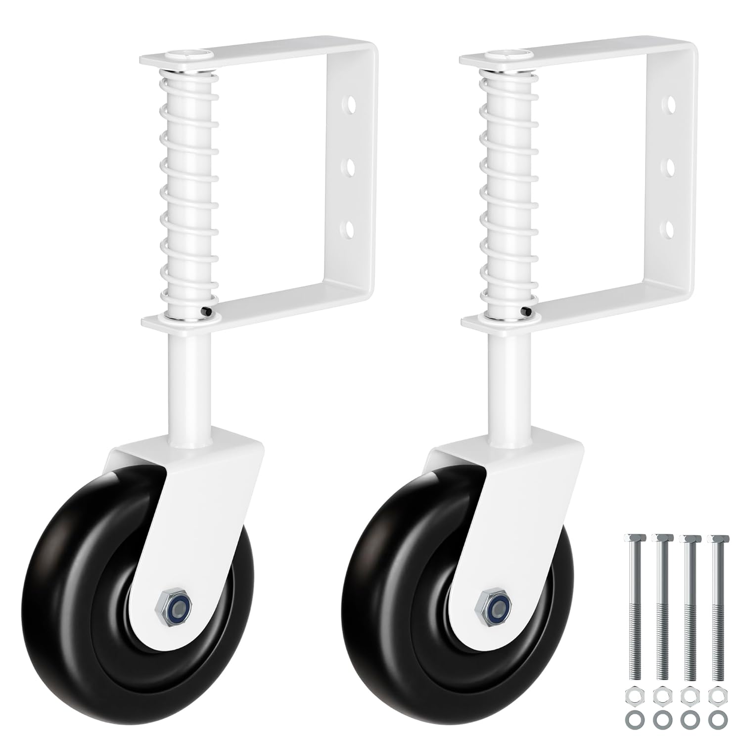 4.3" Heavy Duty Gate Wheel, White Casters for Outdoor Wooden Fence, Spring Loaded Caster With Bearing, 360 Swivel Wheels, 2 Pack 2 White
