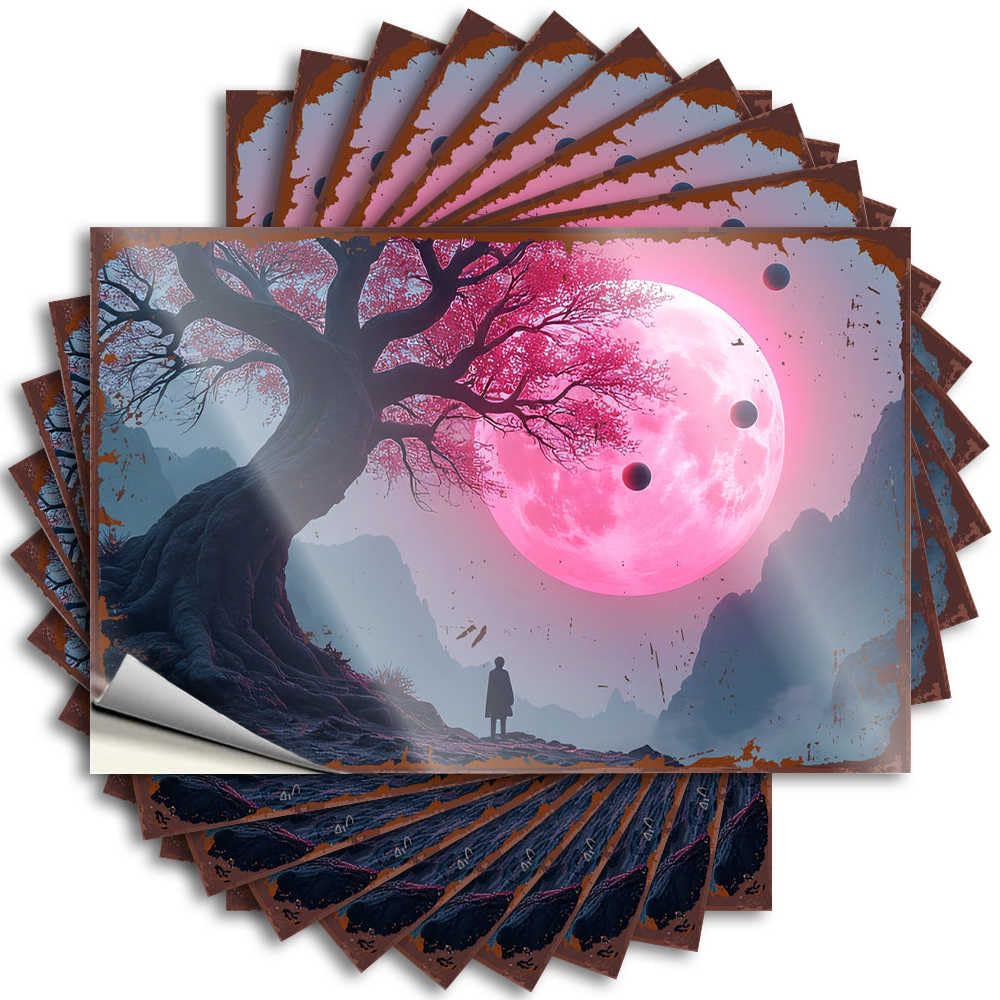 Stickers Helmet Aesthetic Moonlit Journey: A Solitary Figure Under A Giant Tree for Adult - Coffee Decorations for Kitchen Easy Peel Removable(12X18CM)