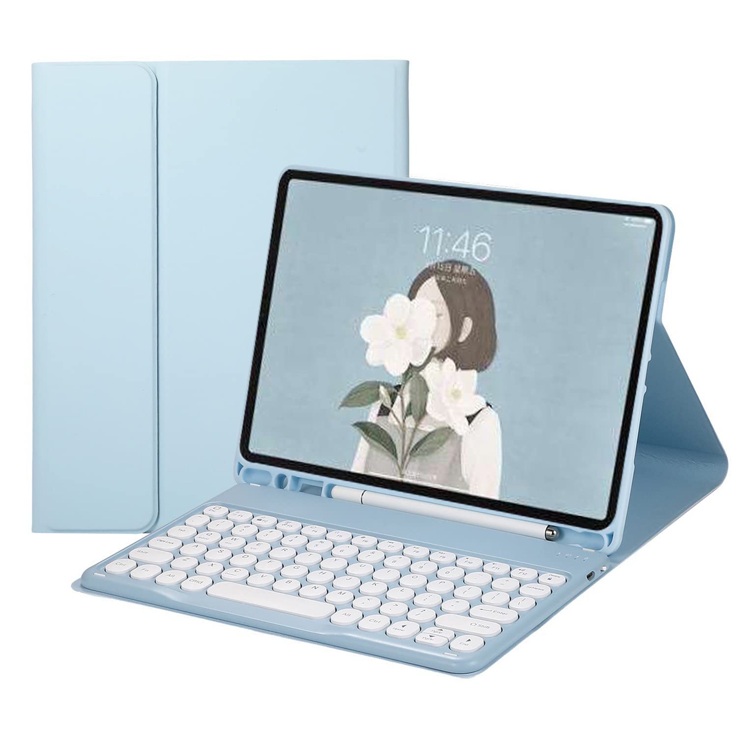 Coque pour iPad 6e 5e génération Air 2 Pro 9,7" avec clavier rond et magnétique détachable pour iPad 9.7 2018/2017 avec porte-crayon - Bleu