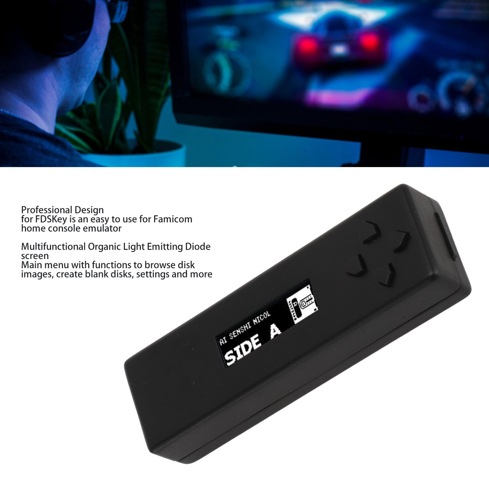 Generic Emulatore di unità Disco per Console di Gioco Preciso con Schermo OLED per Giocatori Professionisti Famicom, Materiale ABS (BLACK)