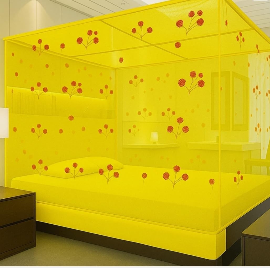 Yellow Floral Print Square Mosquito Net Bed Canopy | 4-Corner Post Design, Full Coverage Protection, Floral Pattern, Indoor Bedroom Use, Double Bed Size-picture-19