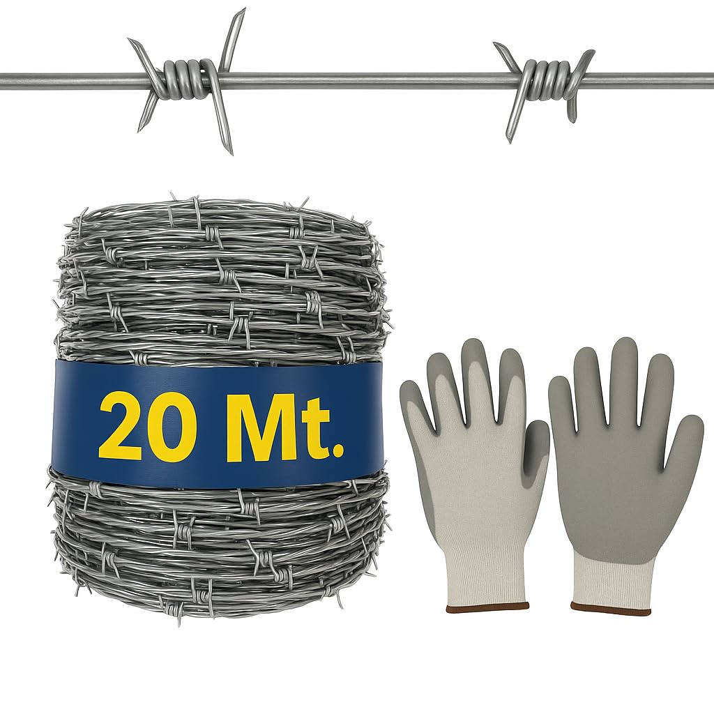 Filo Spinato Zincato da 20 metri Diametro 1,7mm + Guanti OMAGGIO. Rotolo Matassa per Recinzione, Barriera Protezione Antiarrampicata, Forte Flessibile per Balcone, Giardino, Orto