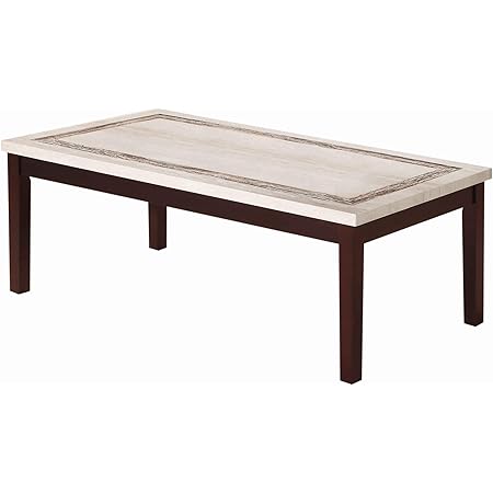 Amazon Com Benjara Wooden Coffee Table With Block Legs And Faux Marble Top Brown And Beige Furniture Decor