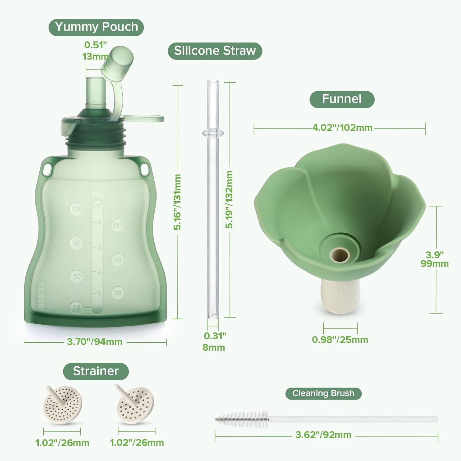 haakaa Fill & Go Yummy Pouch ＆ Flower Funnel Combo - Pea Green Pouch (2pcs) + Spring Green Funnel
