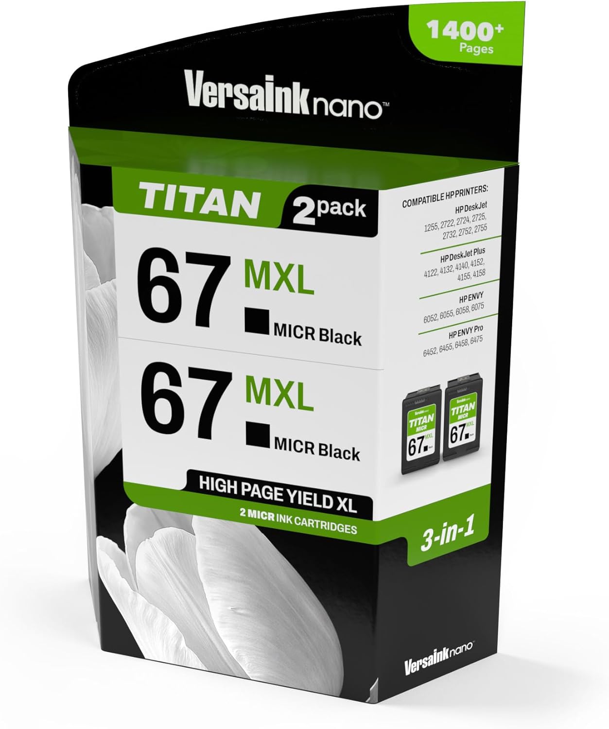 VersaInk-Nano HP 67 MXL Titan-Magnetic (MICR 3-in-1) Black Ink Cartridge 2-Pack Replacement of HP 67 and 67 XL, Works with HP DESKJET 2723,2734,2755,2855,4133,4155,4255, Envy 6055,6075,6455,6475
