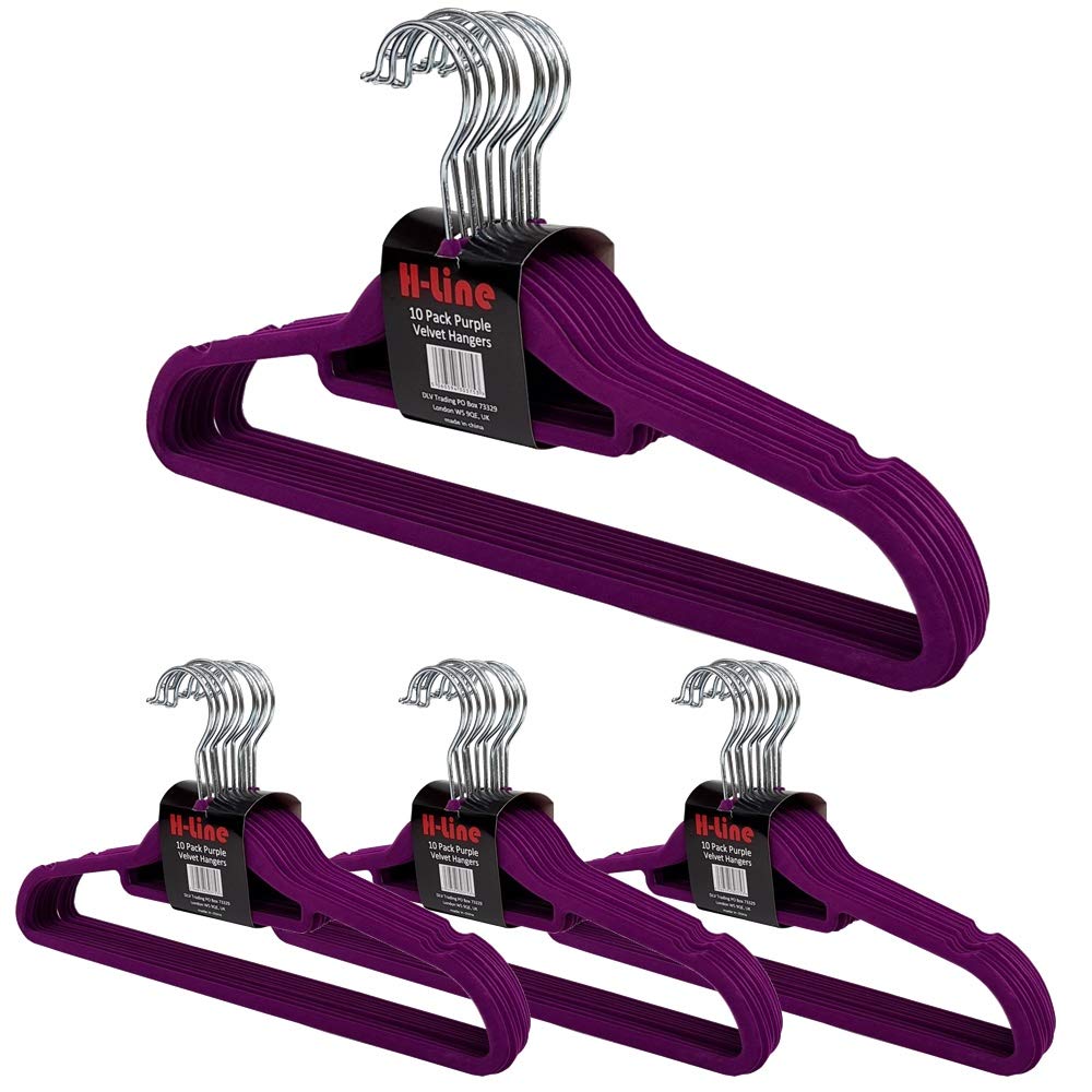 H-line 40 x Non Slip Flocked Velvet Coat Clothes Hangers Trouser Hanging Space Saving (Purple)