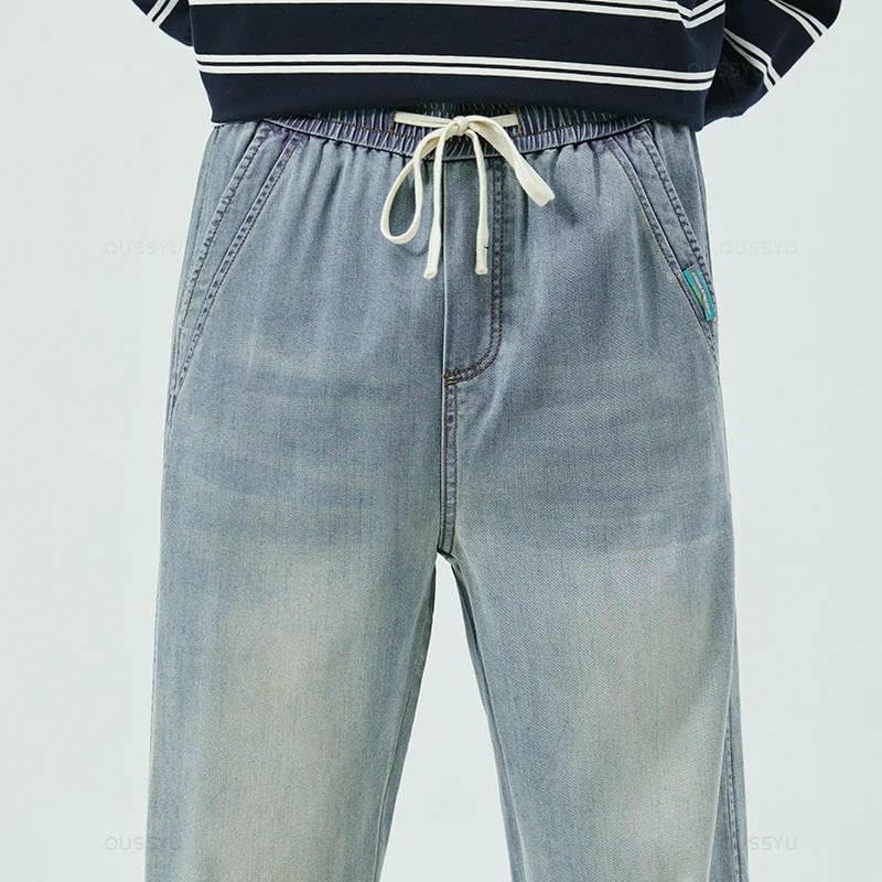 Summer Thin Soft Lyocell Fabric Jeans Men Elastic Waist Straight Denim Pants Male Trousers3