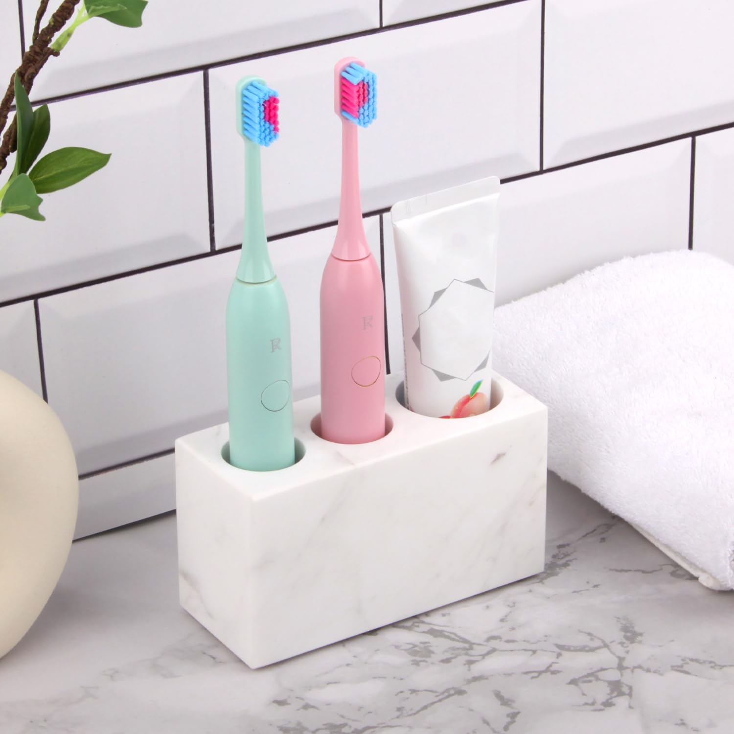 Porta Spazzolini da Denti in Marmo, Jazz Bianco, 3 Scomparti | Naturale, Organizer da Bagno, Portaspazzolini, Spazzolino Elettrico, Penne, Rasoi