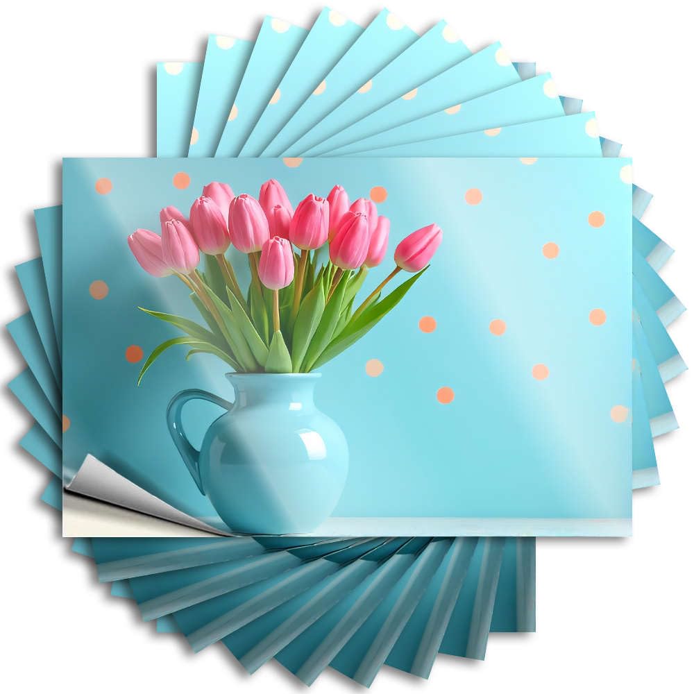 Saying Lake Easy Apply | Pink Tulips in A Blue Vase On A Polka Dot Background. Summer Bumper Peel and Stick(6X9CM)