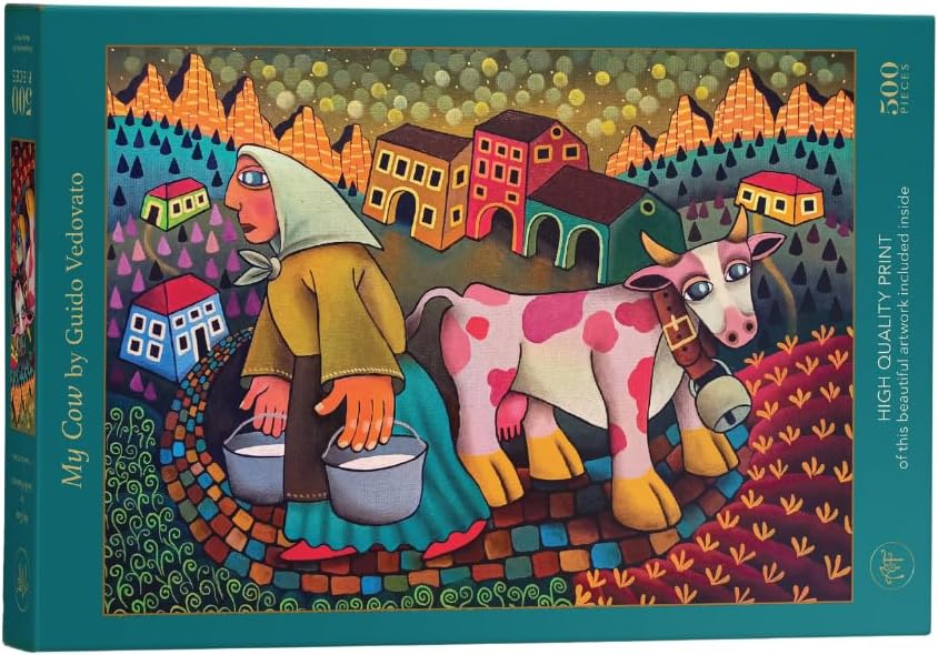 Art & Fable Puzzle Company My Cow by Guido Vedovato, 500 Piece Fine Artwork Premium Adult Jigsaw Puzzle