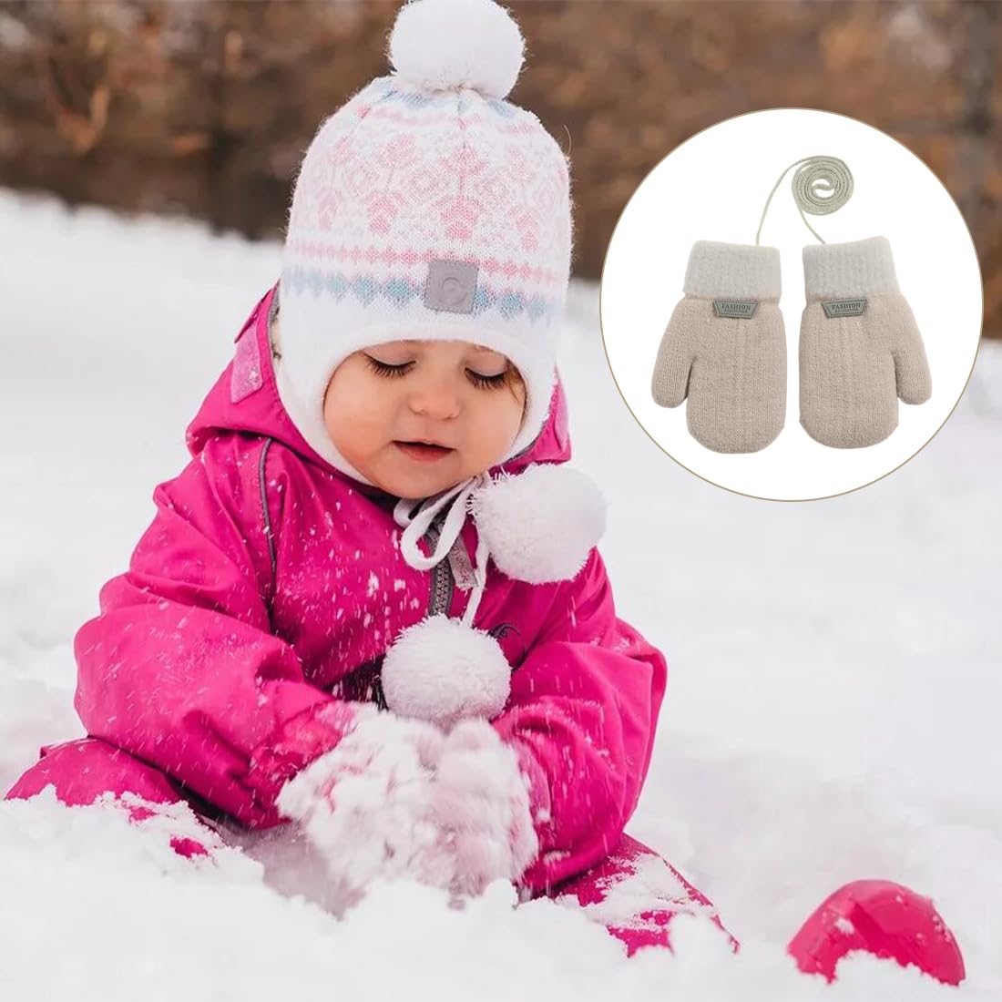 NJCXOLA Guantes Invierno Niños Manoplas Guantes Termicos de Punto con Forro Polar Cuerda Cuello para Bebé Niños Niñas 0-3 Años