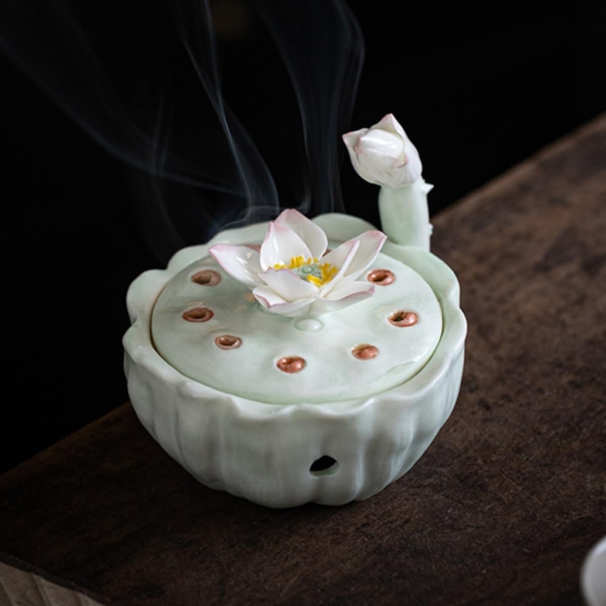 Bruciatore di incenso decorativo a forma di loto con coperchio, fiori in ceramica modellati a mano, per studio, casa o ufficio