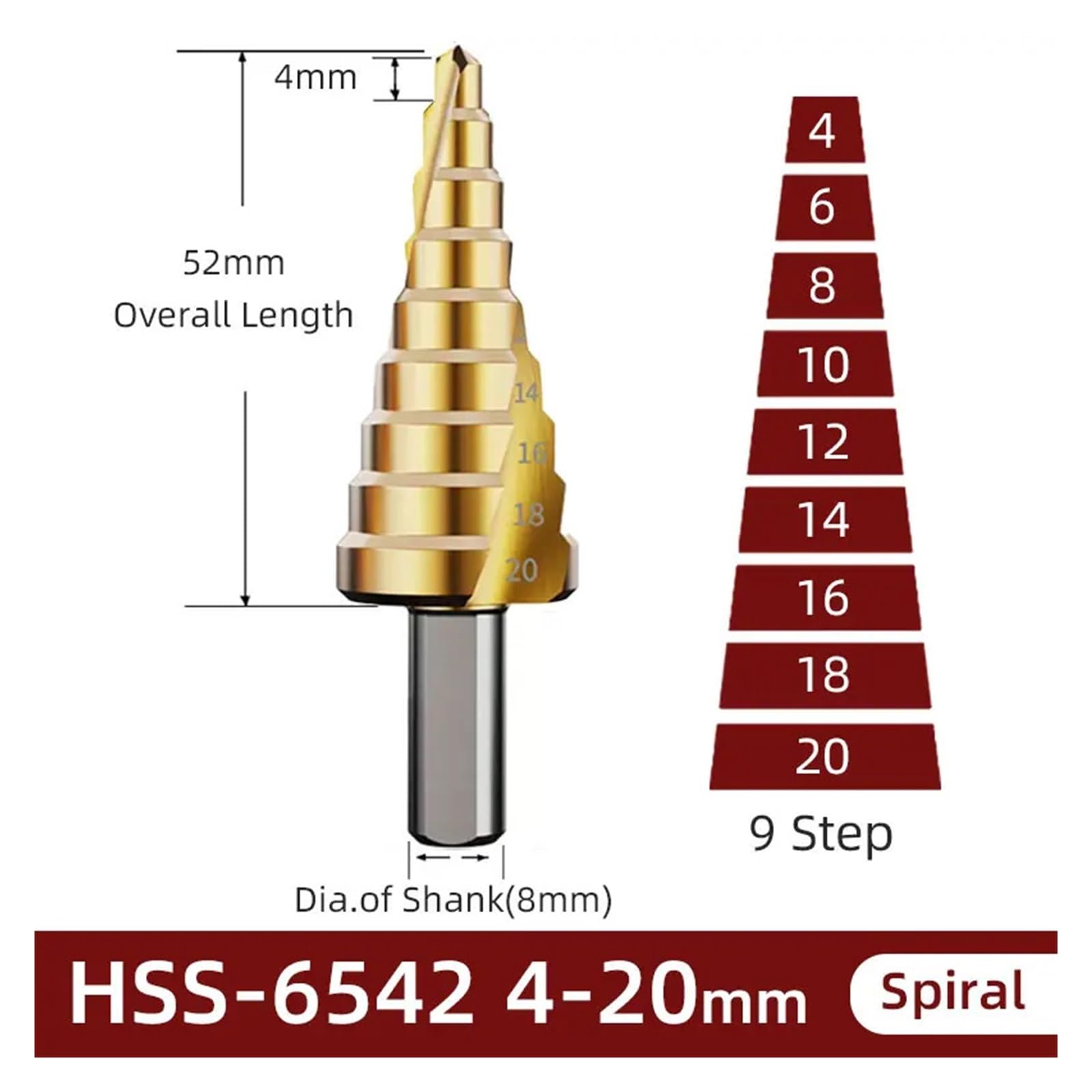 Broca escalonada de cono HSS cobalto y titanio | Cortador de agujeros multiusos for procesamiento de madera, metal y acero(Co-Spiral-9step)