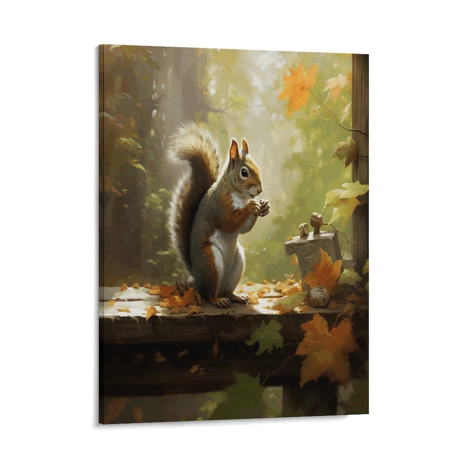 Adfgyerh Style Squirrel Eats Nuts Wall Art Framed,Canvas Prints Ready To Hang Home Decor,Canvas Wall Art For Living Room Hallway Office Wall Decor 08X10inch(20X25cm)