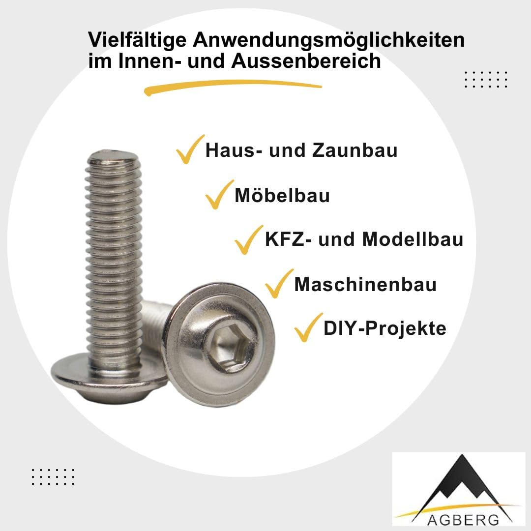 AGBERG - Tornillos de cabeza avellanada M10 x 120 con brida y muesca hexagonal - Tornillos de cabeza plana [50 unidades] de acero inoxidable A2 V2A, rostfrío - ISO 7380-2