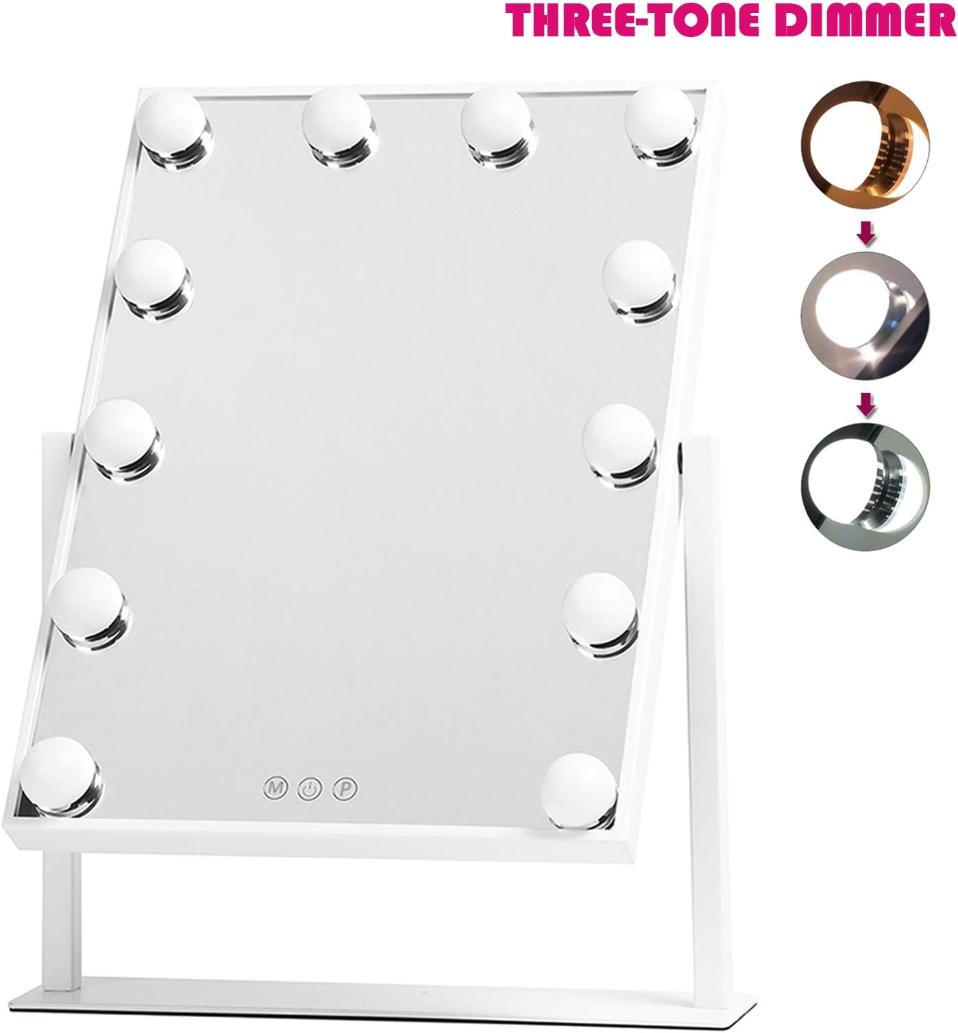 Y5003001-3040 Lighted Vanity, Three-Tone Dimmer Makeup Mirror, 12" W x 16" H, White