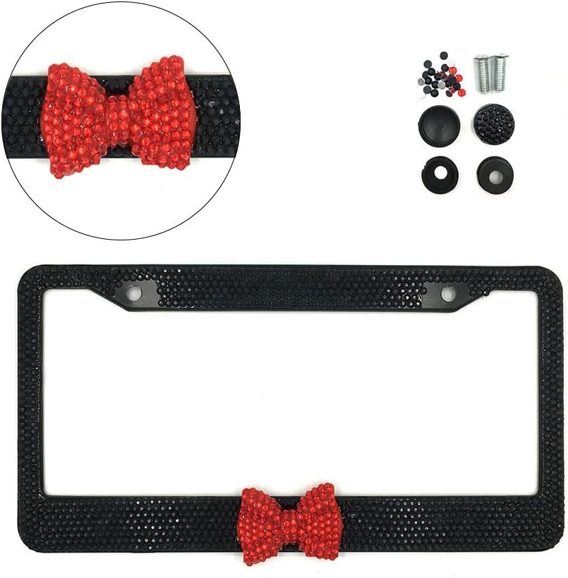 Indeedbuy Sparkly Black Crystal License Plate Frame with Red Bow Tie for Women Girl Lady