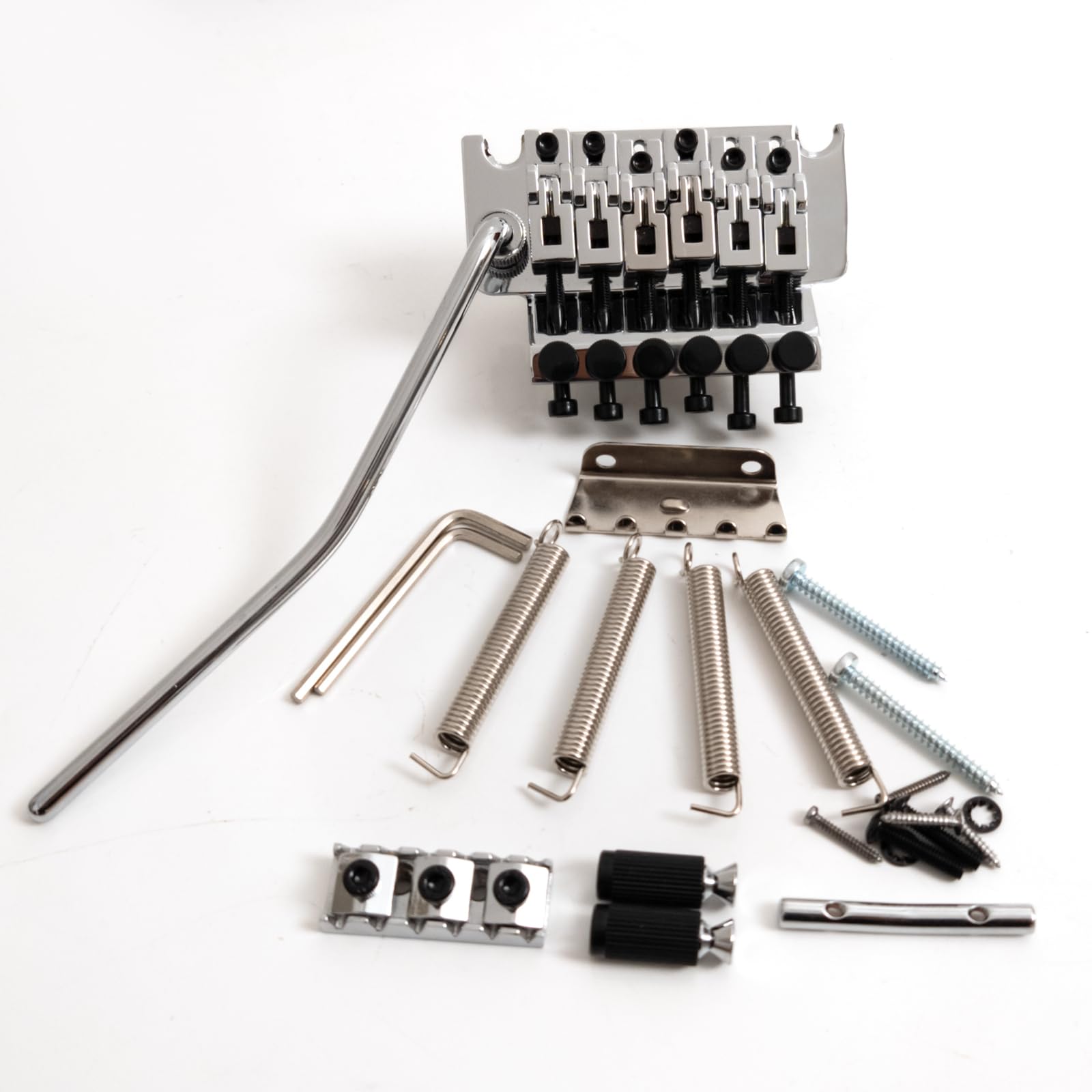 Linkshänder-Tremolo-Brückensystem mit Doppelverriegelung und 42 mm Sicherungsmutter, 34 mm massiver Messing-Block, schwimmendes Gitarren-Tremolo-Brücken-Set, Feinstimmer (Chrom)