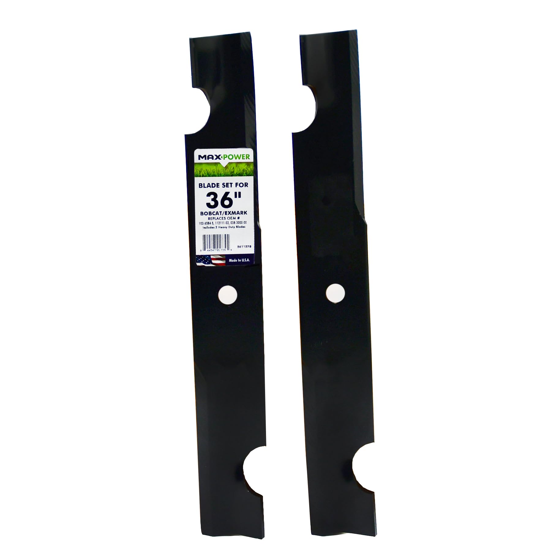 MAXPOWER 561157B - Juego de 2 Cuchillas para cortacéspedes ExMark, Bad Boy y Snapper de 36 Pulgadas, sustituye a los números OEM 038-3000-00, 303283, 112111-02, 7075751, 633482