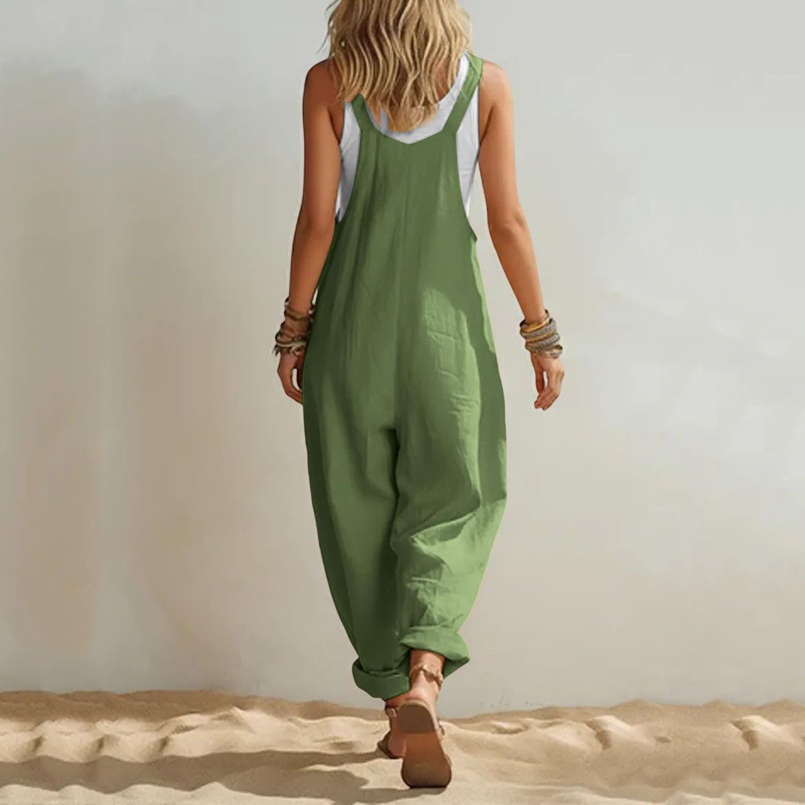 Salopette Femme D'été Coton Chic et Fluide Combinaison Longue Baggy Bretelles sans Manches Couleur Unie Coupe Ample Pantalon Confortable Poches Décontractée Jumpsuit Loose De Plage