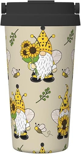 JUNIKIQIN Gnomes Bees Sunflowers - Taza de café reutilizable de 16 onzas con tapa abatible y asa, botellas de agua de acero inoxidable aisladas para