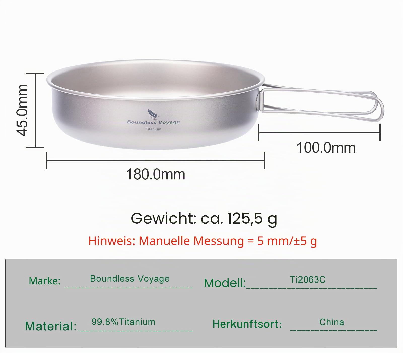 iBasingo Titan Pfanne Camping Bratpfanne 18 cm Frying Pan mit Klappgriff Ultraleichte 1 Person Reise Kochgeschirr Dish Picknick Tragbar Plate Skillet Cooking Kit für Outdoor Wander Rucksäcke Ti2063C