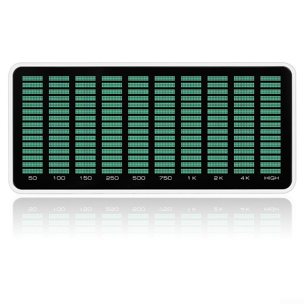 Analizador de espectro de audio, espectro musical, captación de micrófono, medidor de nivel de sonido, analizador de audio, espectro musical preciso y entrada de señal dual (luz verde)