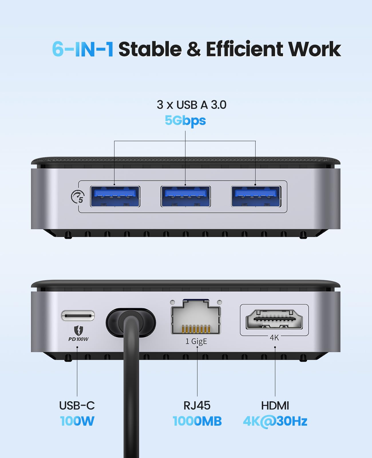 ORICO Hub USB C 6 in 1 Docking Station con Ethernet 1000M, 4K HDMI, PD 100W, 3 Porta USB-A 3.0 5 Gbps, Adattatore Splitter Tipo C per MacBook Air Pro M2 M1 iPad Surface Dell Hp (15cm)