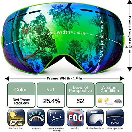 Image of JULI Kids Ski Goggles,Interchangeable Double Layer Spherical Lens,OTG Anti-Fog Snowboard Skate Snow Goggles Age 4-16 4300(Green)