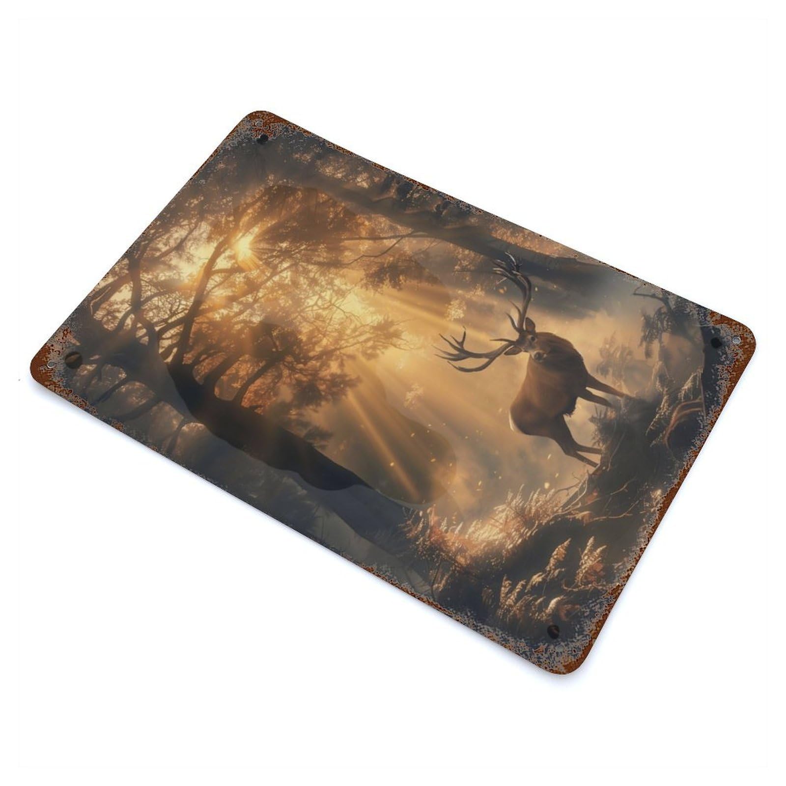 Rust Effect Stags Dawn Mystique Aged Metal Wall Plaque 11.8"x7.9", Rustic Home Decor for Bistro, Counter And Cafe Decor