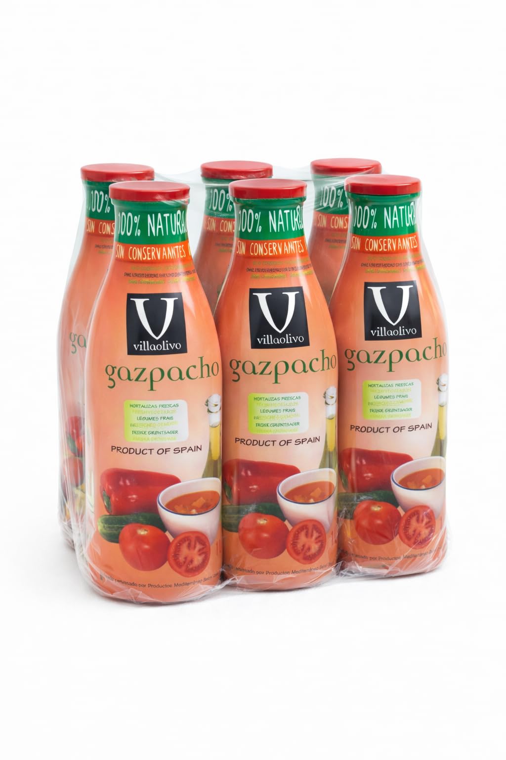 Villaolivo Gazpacho Tradicional 1L Pack 6 Sopa Fría Española 100% Natural Sin Conservantes