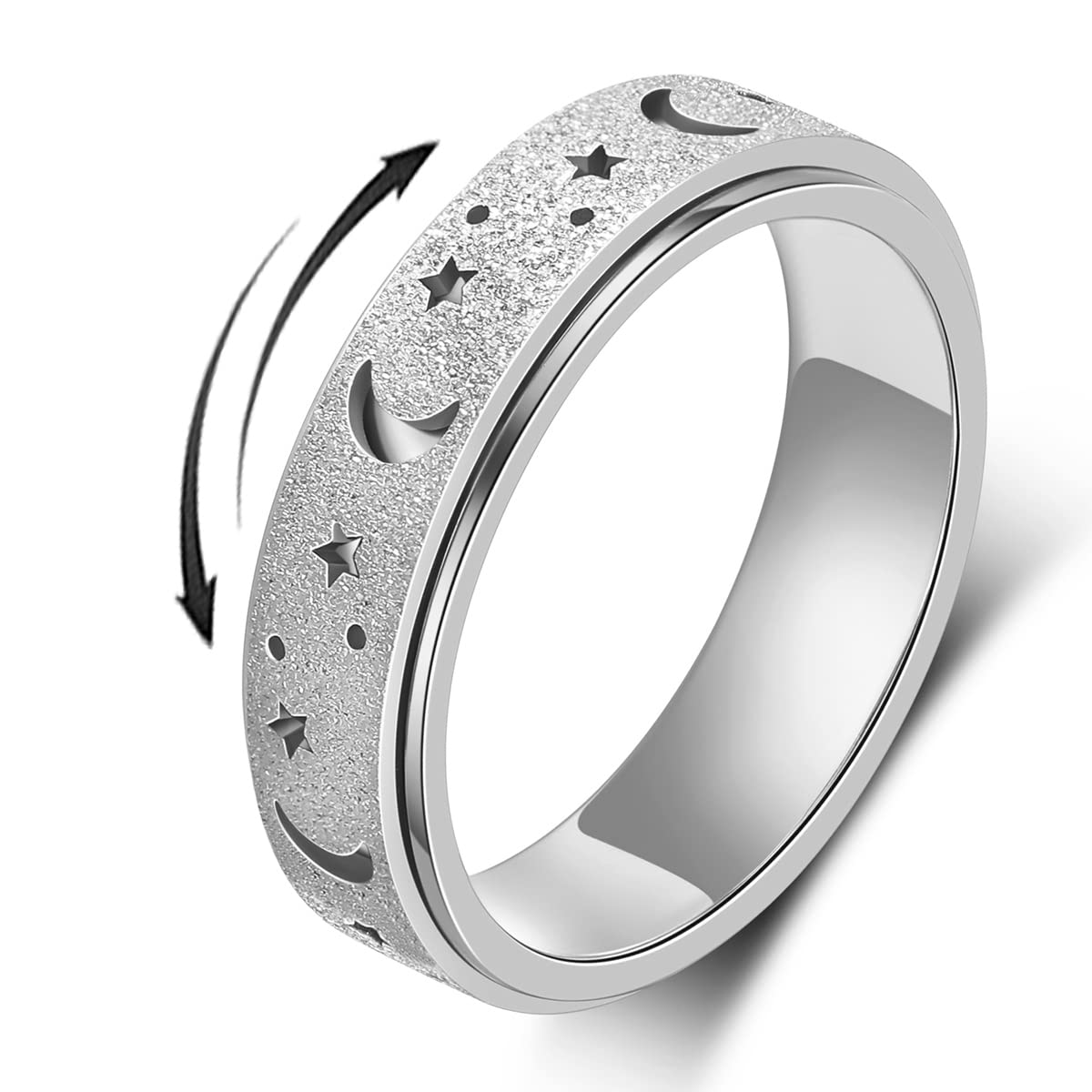 AmorArtSky Anxiety Ring for Women Men, Titanium Stainless Steel Spinner Ring, 5 Colors, 6MM, Size 6-10, 3 Styles Anxiety Ring-Moon Star, Sandblasted