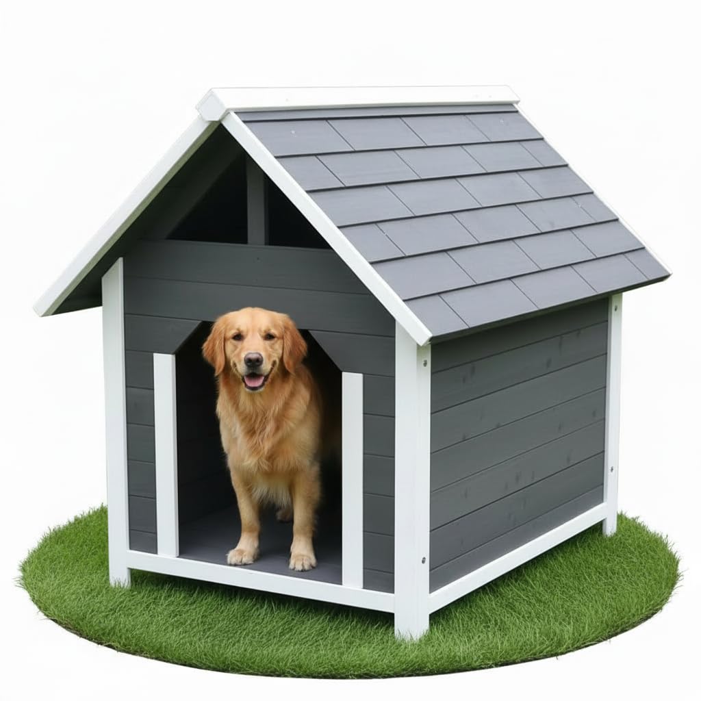 Melko Hundehütte Hundehaus XXL Holz wetterfest 75x115x95 cm Grau Weiß | Blockhaus-Design mit Dachüberstand, erhöhte Standfüße gegen Feuchtigkeit, Eingang 34x44 cm, für mittelgroße Hunde, lasiert