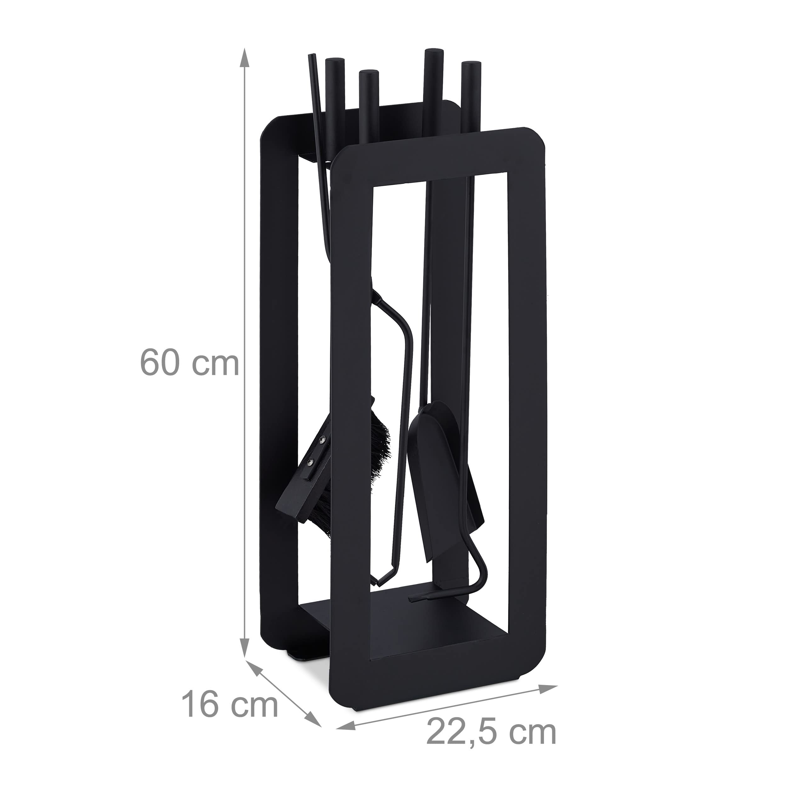 Relaxdays Accesorios Chimenea, Set de 5 Piezas, Atizador, Pala, Escoba, Pinzas y Soporte, Útiles Estufa, Acero, Negro