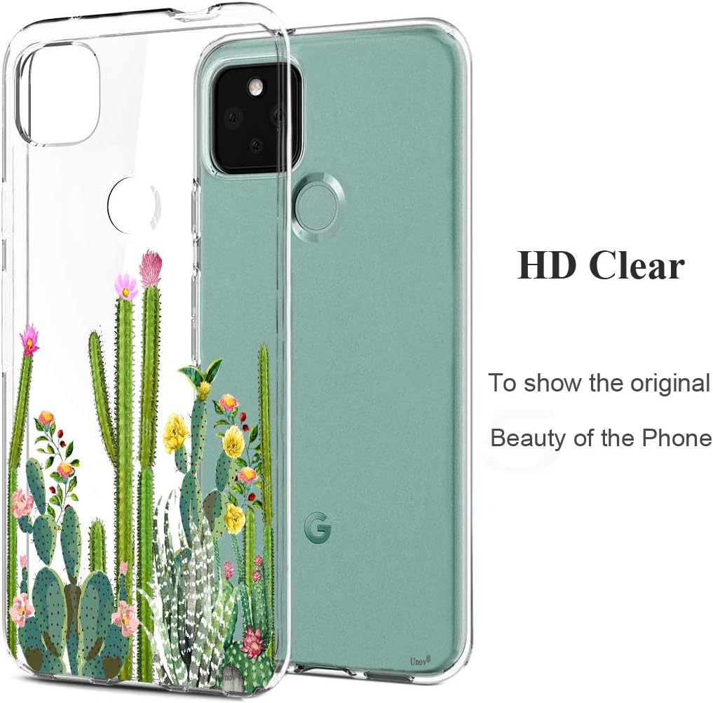 Unov Pixel 5 Case Clear with Design Soft TPU Shock Absorption Slim Embossed Pattern Protective Back Cover for Pixel 5 6 inch (Cactus Succulents)