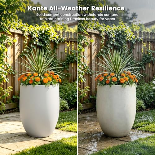 Image of Kante 21.7 inch H Snow White Concrete Planter, Lightweight & Crack-Resistant Large Pot with Drainage Hole & Rubber Plug, Modern Textured Round Container for Home Garden Gift